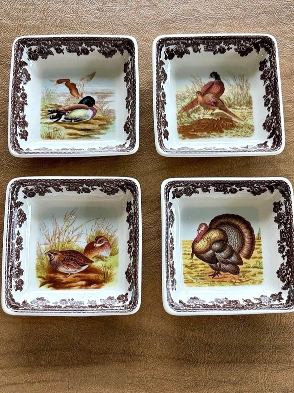 Spode Woodland Square Dish Set of 4 White & Brown 3”